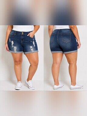 🩳 Distressed Plus Size Denim Shorts | Size 26W | Rolled Cuff Stretch Jean Short